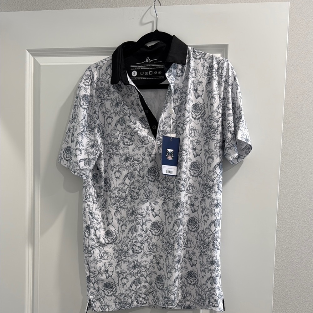 NWT Boston Scott Golf Men's Black and White Floral Shirt sz s